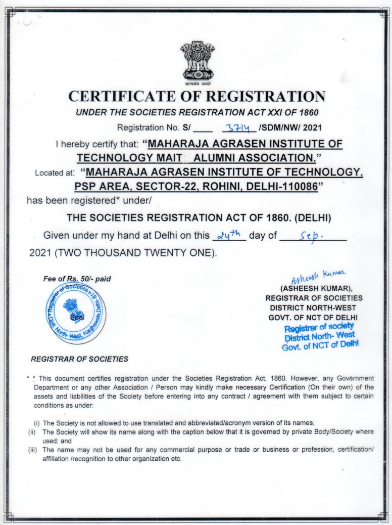 MAIT Alumni Association Registration Certificate Image